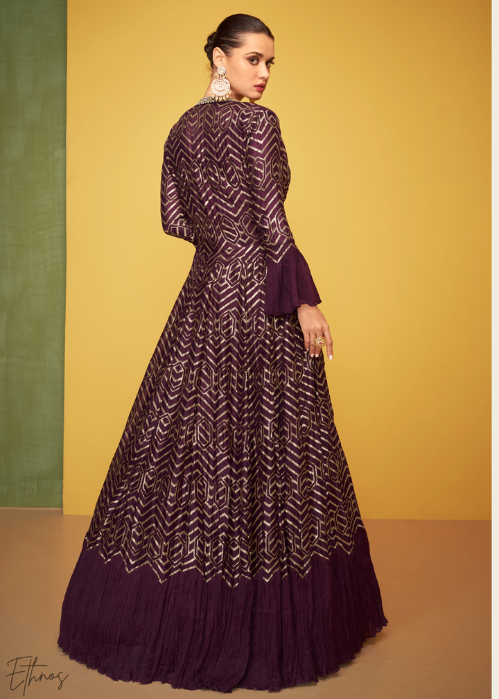 Wine Gilded Silk Jacket Gown Set