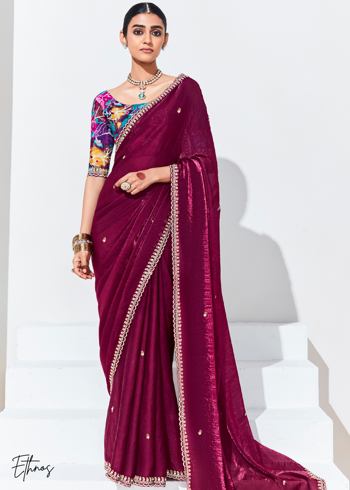 Wine Red Glass Tissue Organza Saree