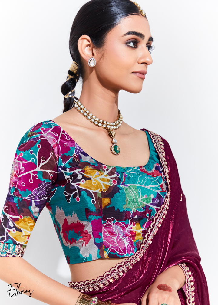 Wine Red Glass Tissue Organza Saree