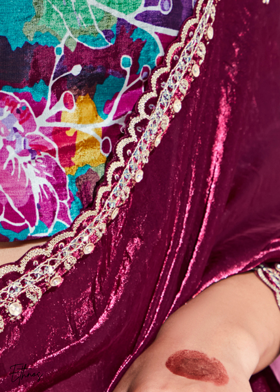 Wine Red Glass Tissue Organza Saree