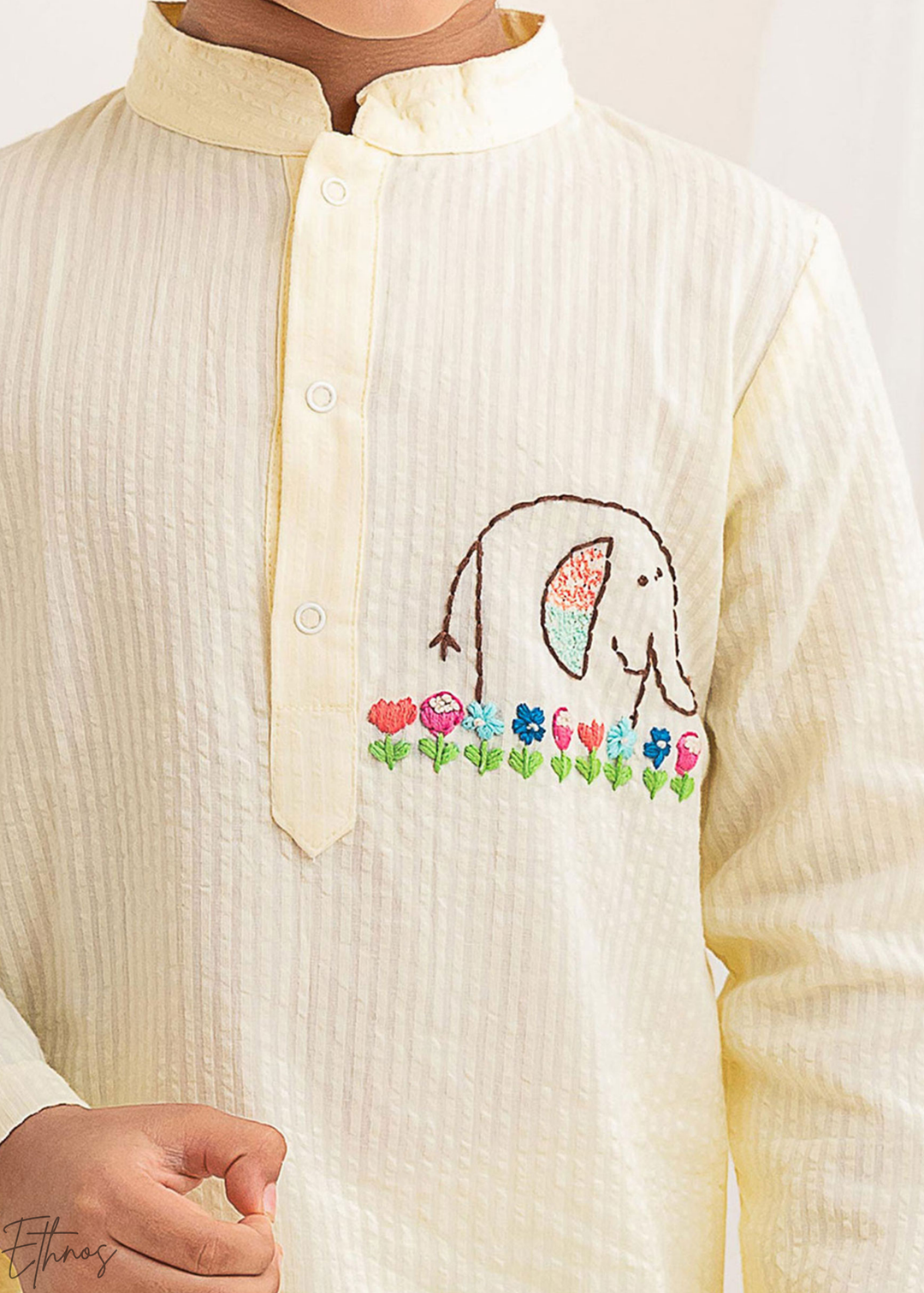 Yellow Elephant Embroidered Organic Cotton Striped Kurta Pajama Set