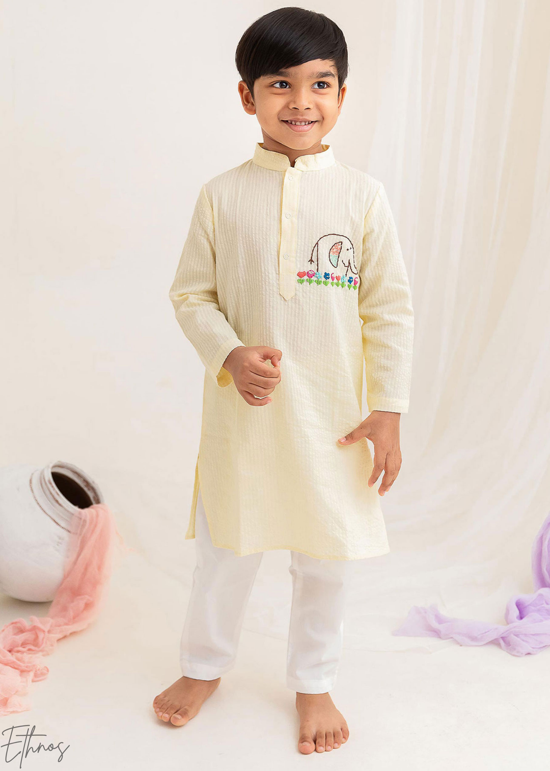 Yellow Elephant Embroidered Organic Cotton Striped Kurta Pajama Set