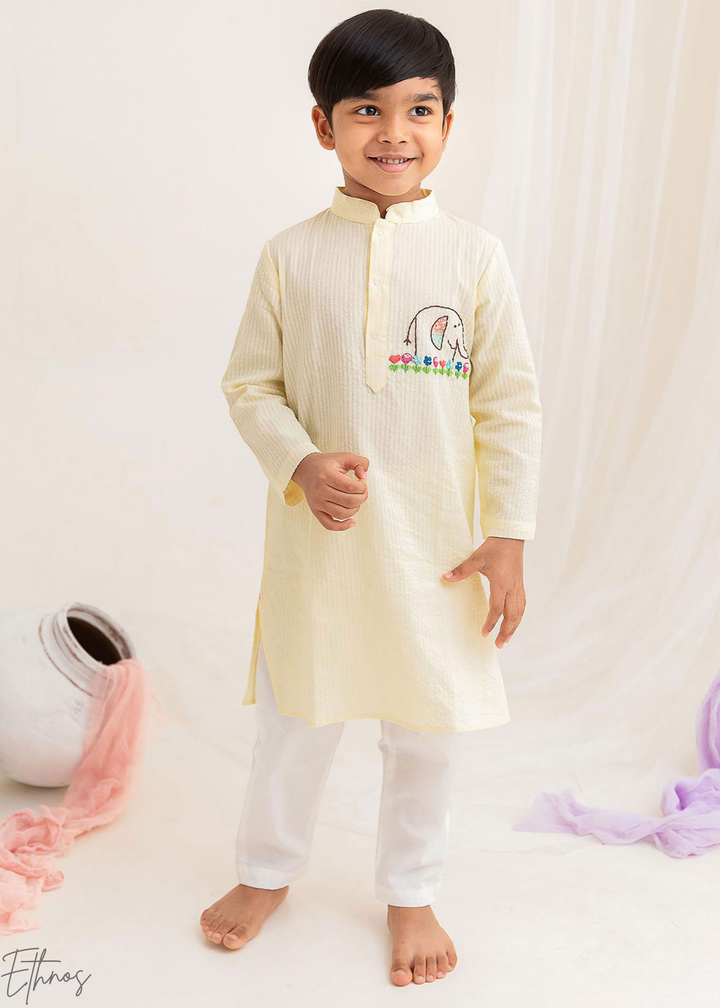 Yellow Elephant Embroidered Organic Cotton Striped Kurta Pajama Set