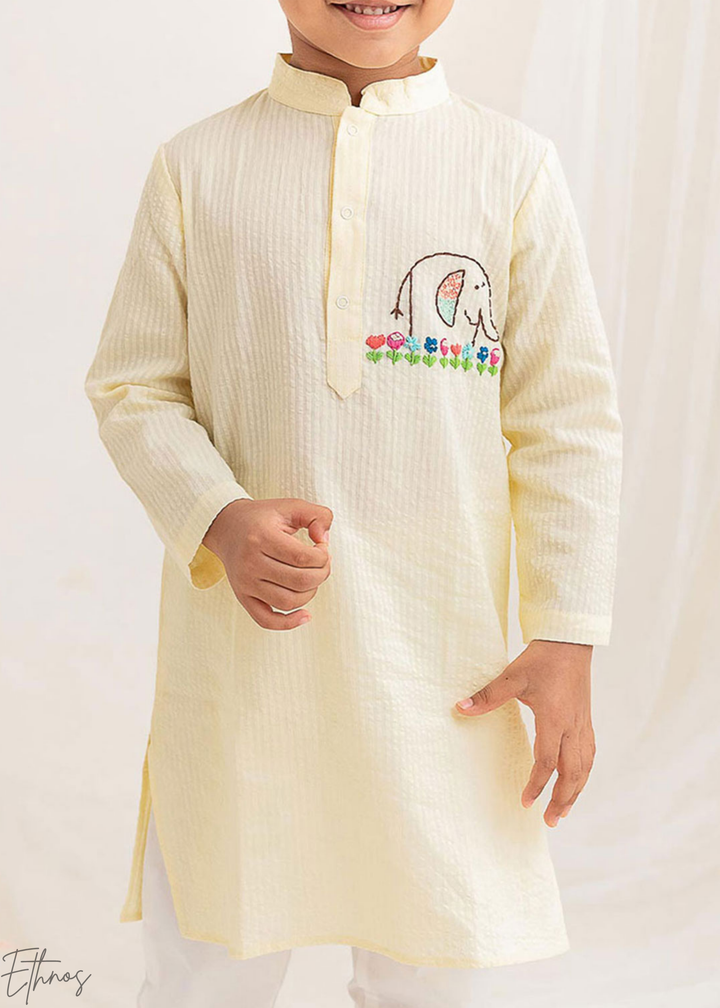 Yellow Elephant Embroidered Organic Cotton Striped Kurta Pajama Set