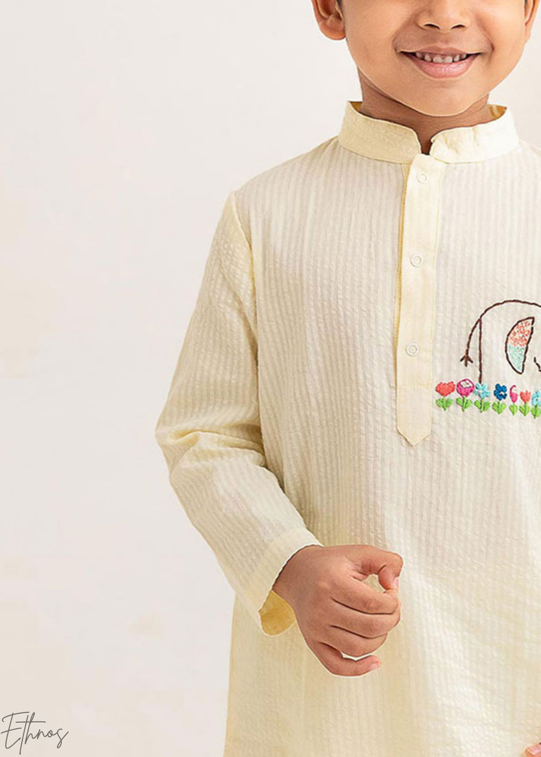 Yellow Elephant Embroidered Organic Cotton Striped Kurta Pajama Set