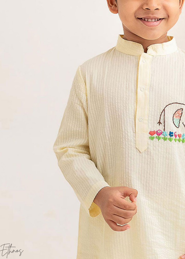 Yellow Elephant Embroidered Organic Cotton Striped Kurta Pajama Set