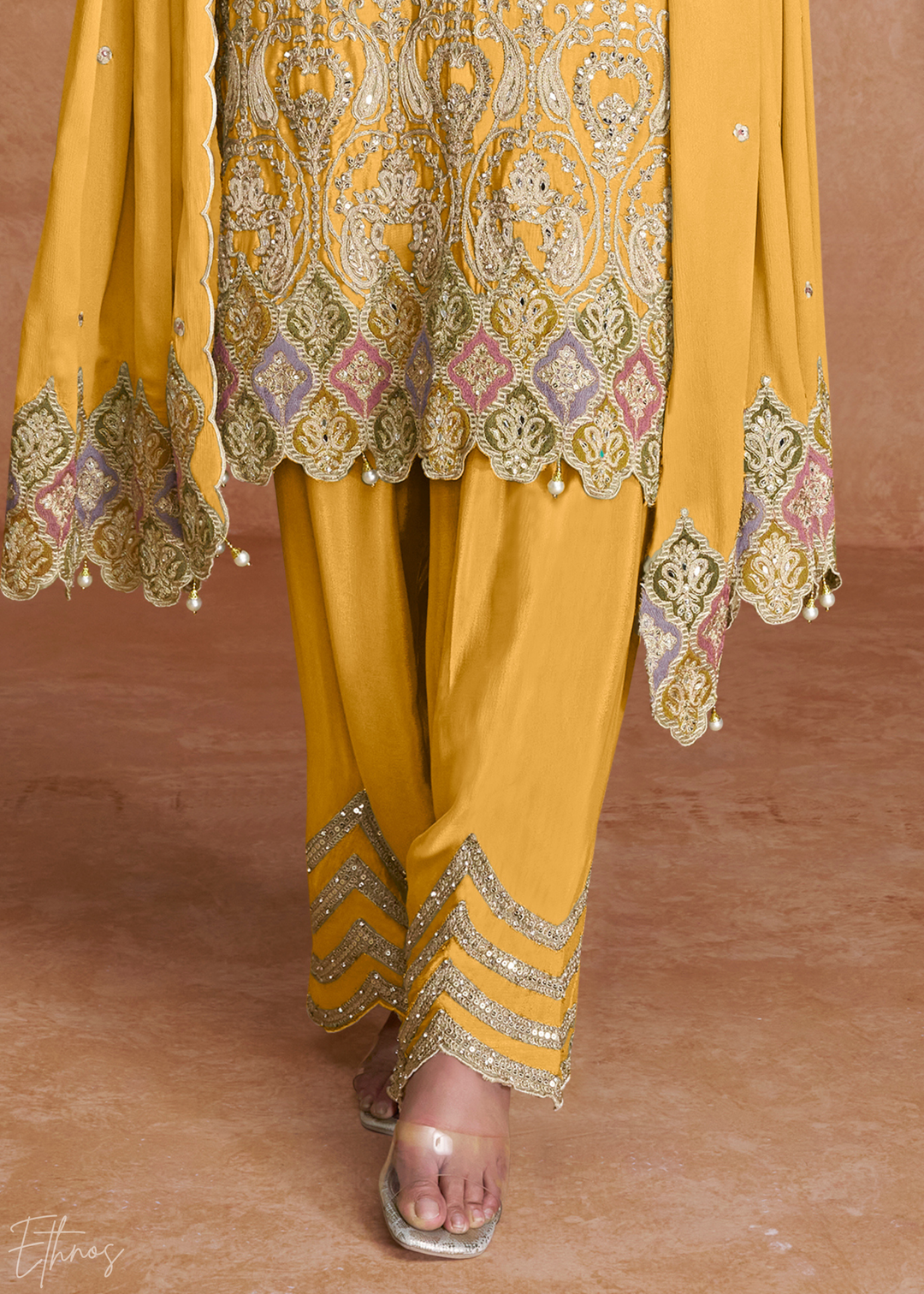 Yellow Embroidered Chinon Palazzo Suit