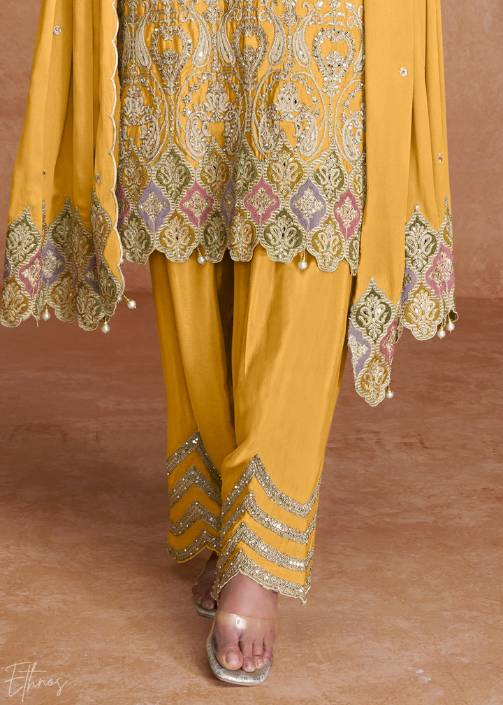 Yellow Embroidered Chinon Palazzo Suit