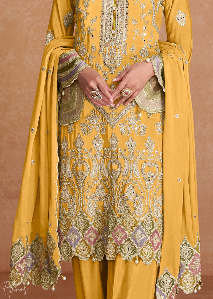 Yellow Embroidered Chinon Palazzo Suit