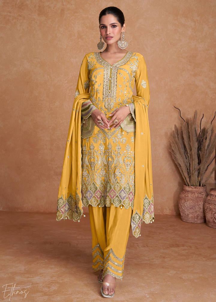 Yellow Embroidered Chinon Palazzo Suit
