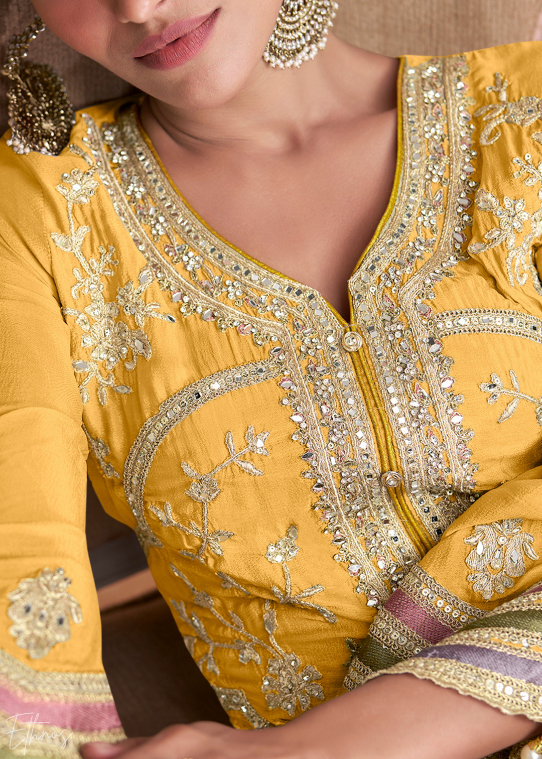 Yellow Embroidered Chinon Palazzo Suit