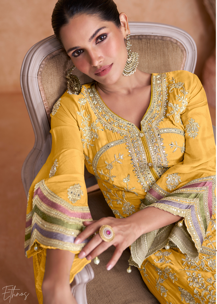 Yellow Embroidered Chinon Palazzo Suit