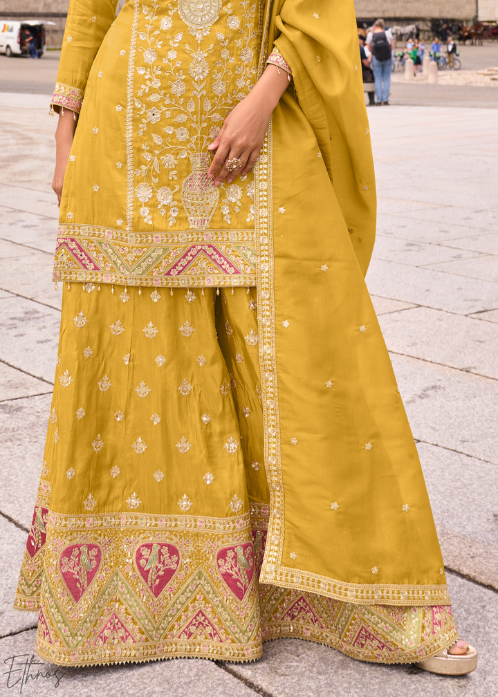 Yellow Embroidered Simar Silk Palazzo Suit