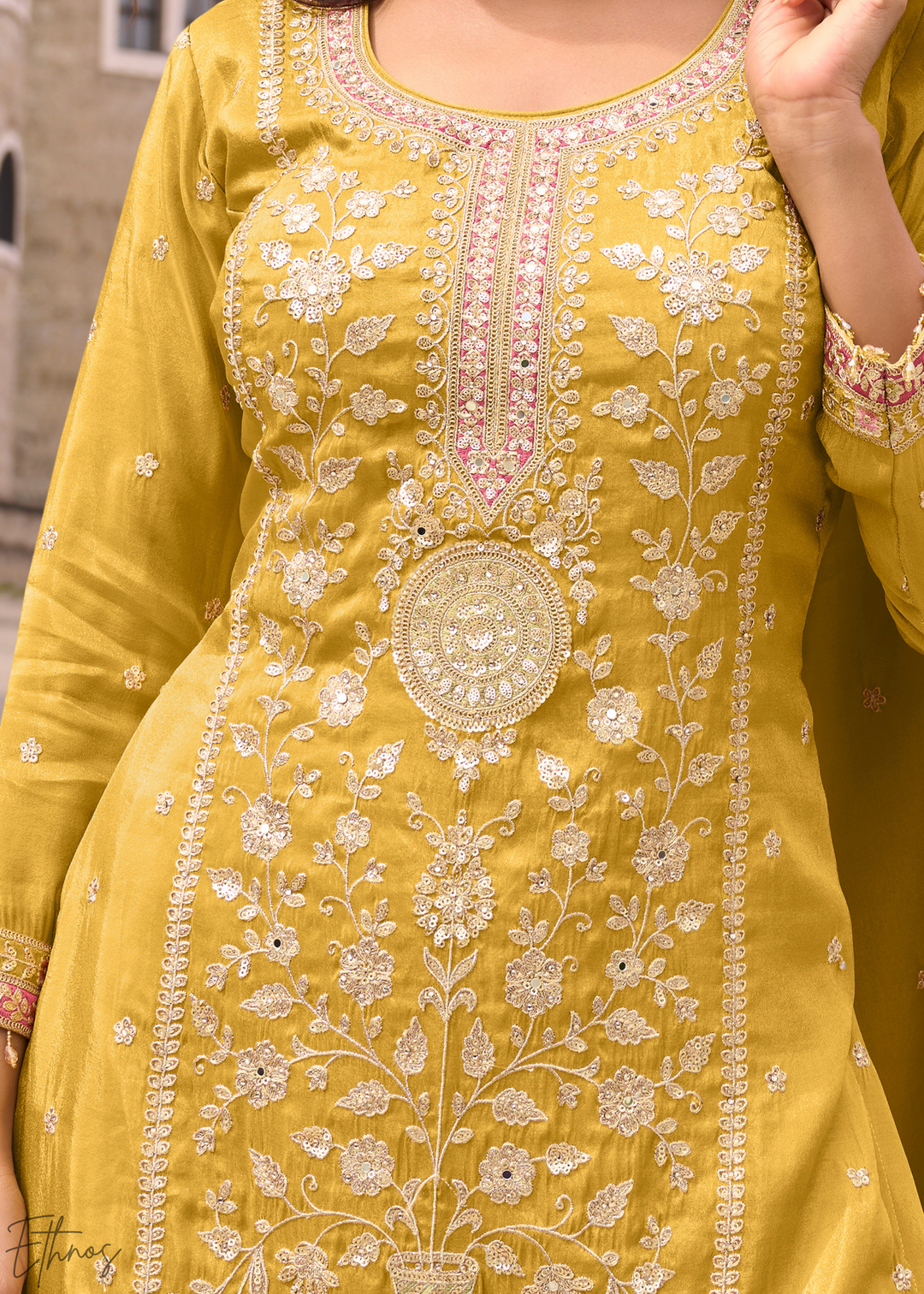 Yellow Embroidered Simar Silk Palazzo Suit