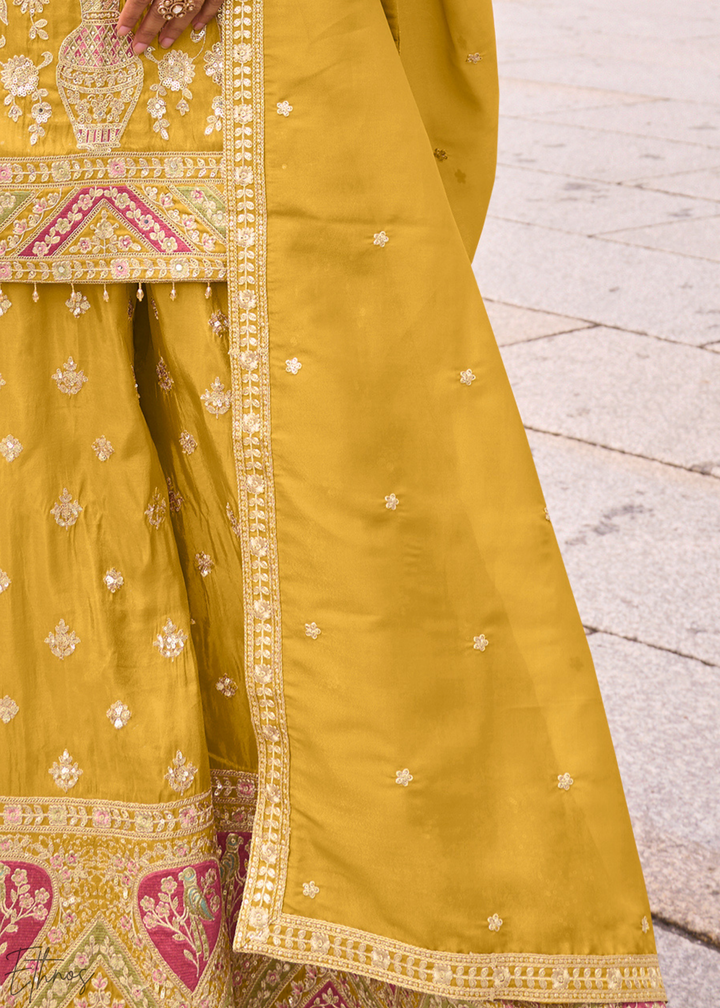 Yellow Embroidered Simar Silk Palazzo Suit