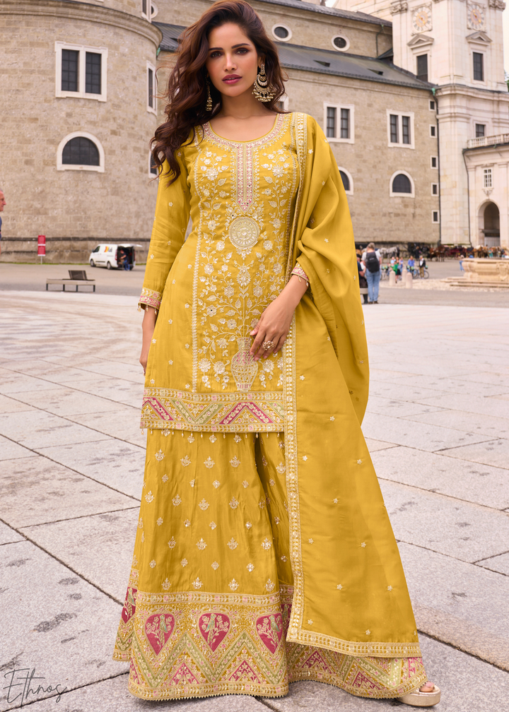 Yellow Embroidered Simar Silk Palazzo Suit