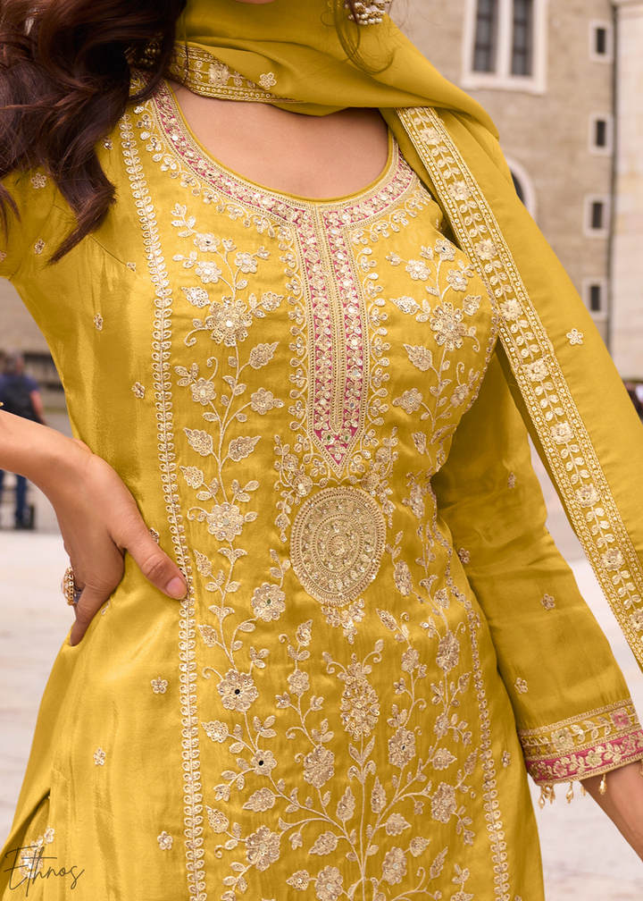 Yellow Embroidered Simar Silk Palazzo Suit