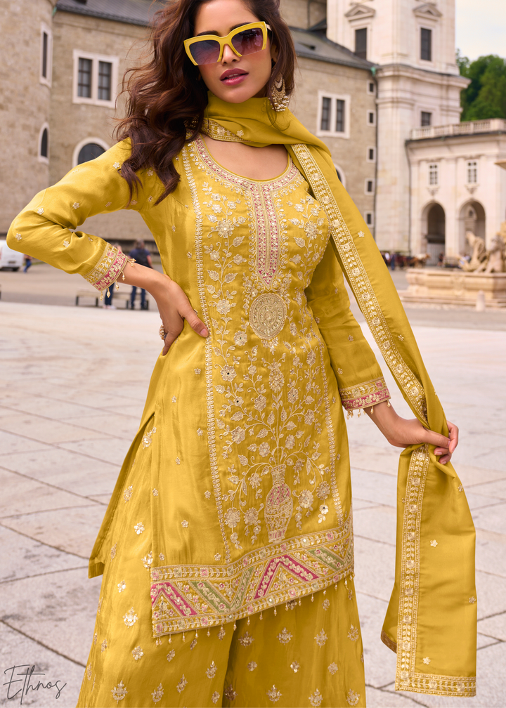 Yellow Embroidered Simar Silk Palazzo Suit