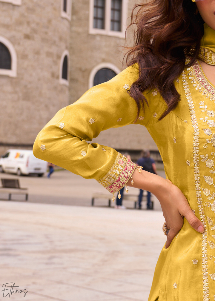Yellow Embroidered Simar Silk Palazzo Suit
