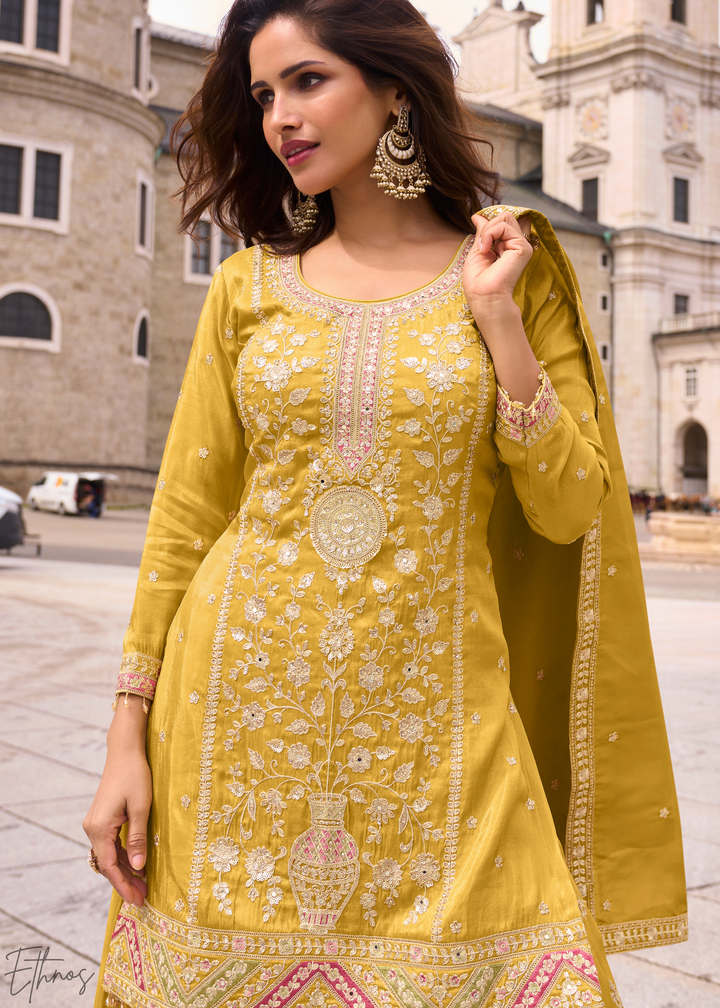 Yellow Embroidered Simar Silk Palazzo Suit
