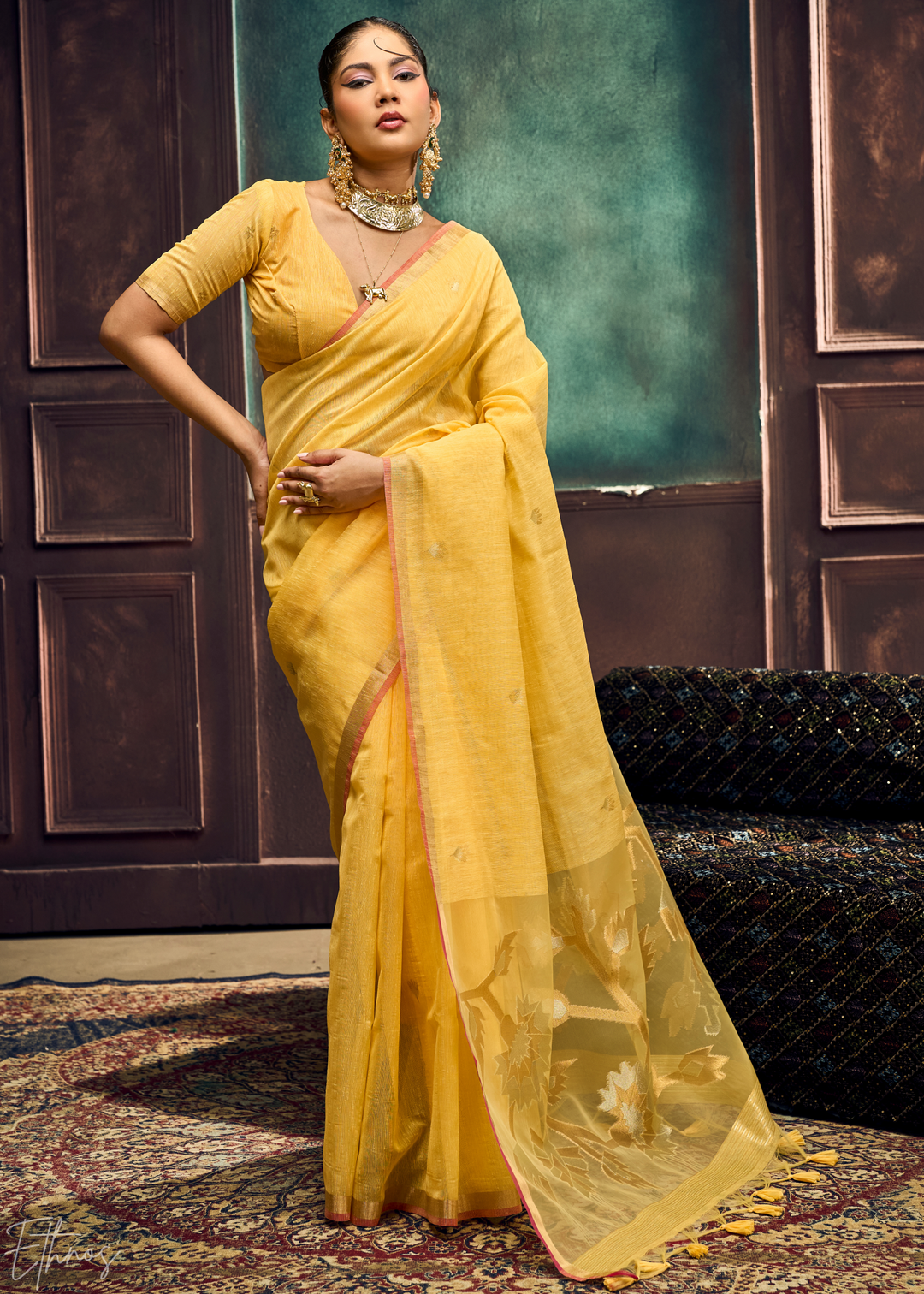 Yellow Flora Pallu Munga Silk Saree