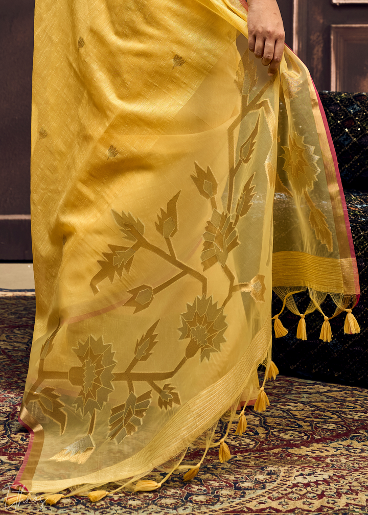 Yellow Flora Pallu Munga Silk Saree