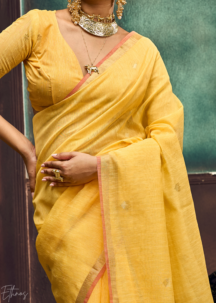 Yellow Flora Pallu Munga Silk Saree