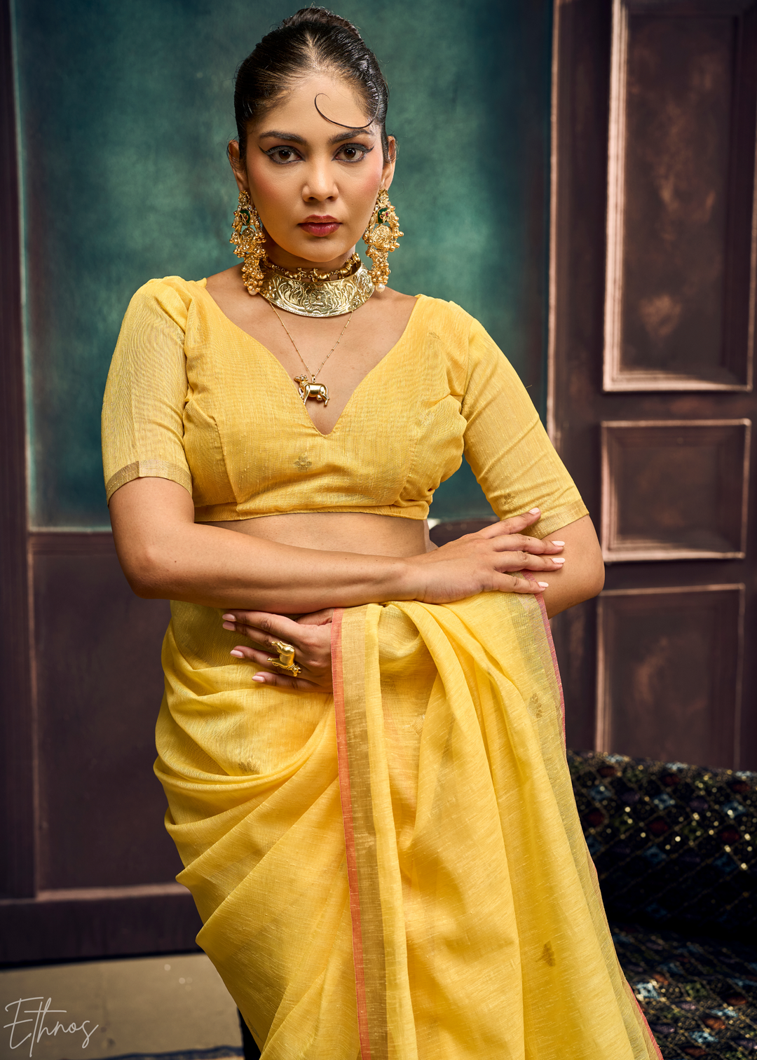 Yellow Flora Pallu Munga Silk Saree