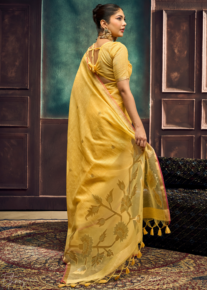 Yellow Flora Pallu Munga Silk Saree