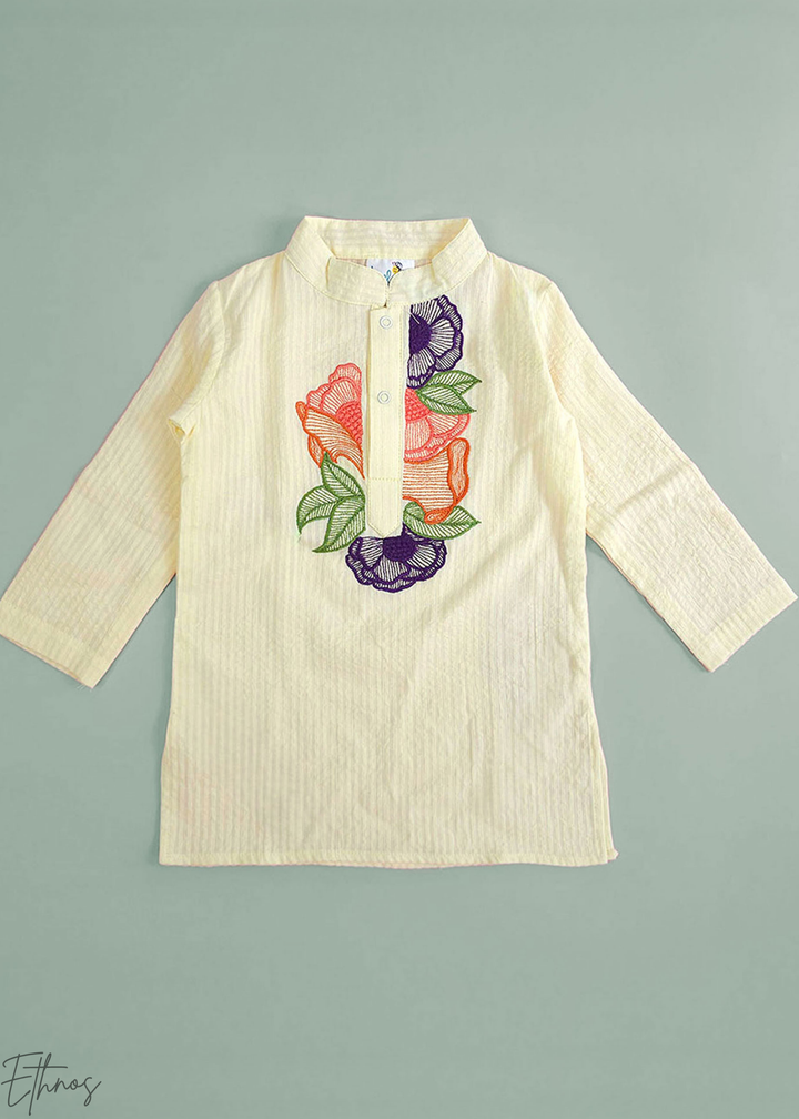 Yellow Floral Embroidered Organic Cotton Striped Kurta Pajama Set