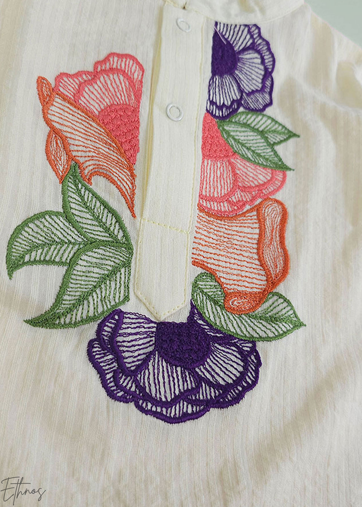 Yellow Floral Embroidered Organic Cotton Striped Kurta Pajama Set