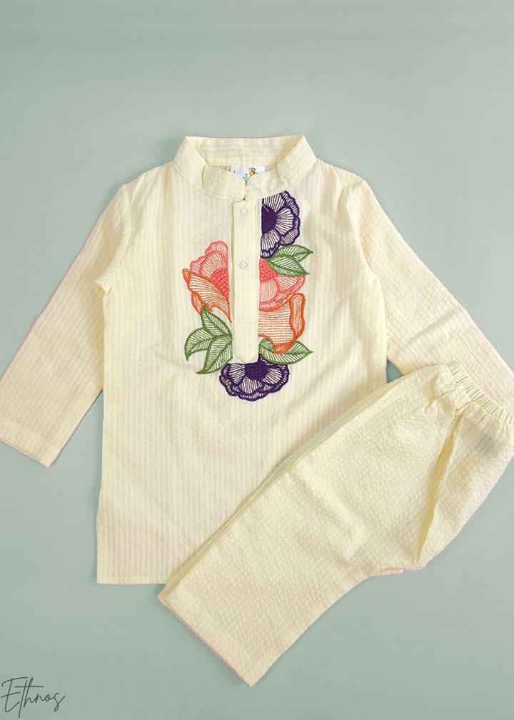 Yellow Floral Embroidered Organic Cotton Striped Kurta Pajama Set