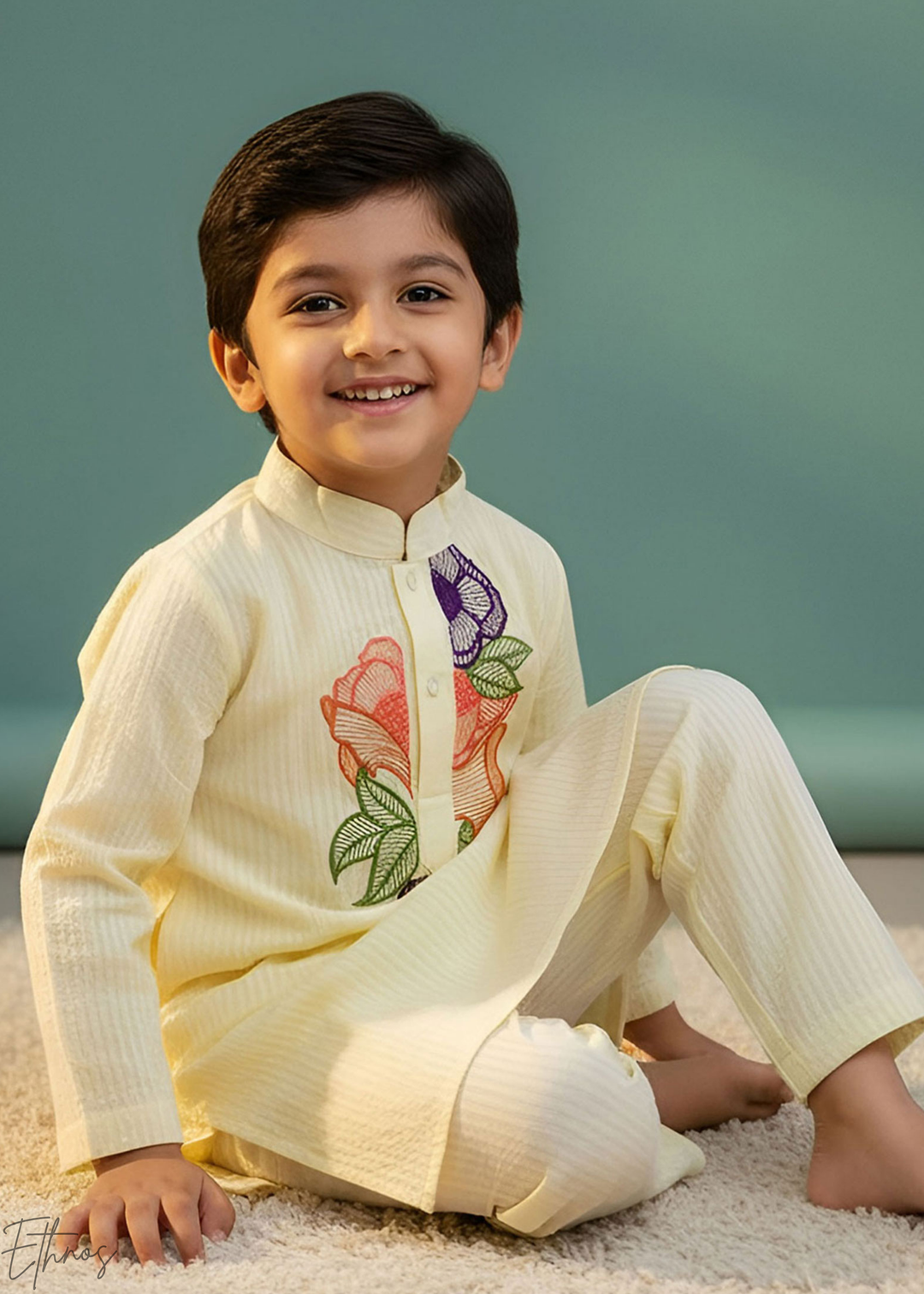 Yellow Floral Embroidered Organic Cotton Striped Kurta Pajama Set