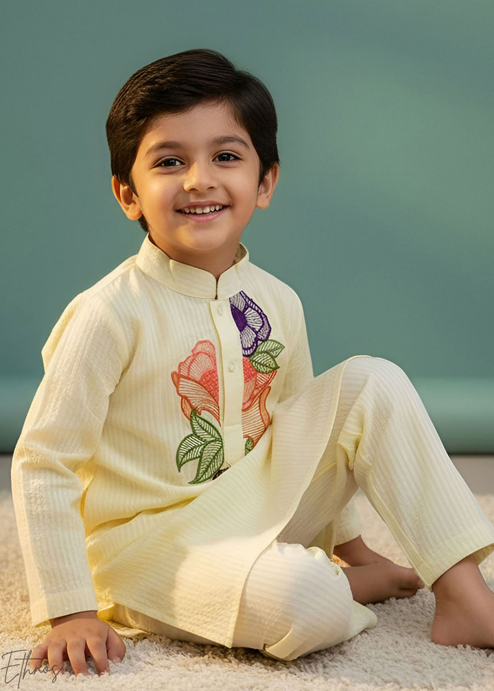Yellow Floral Embroidered Organic Cotton Striped Kurta Pajama Set