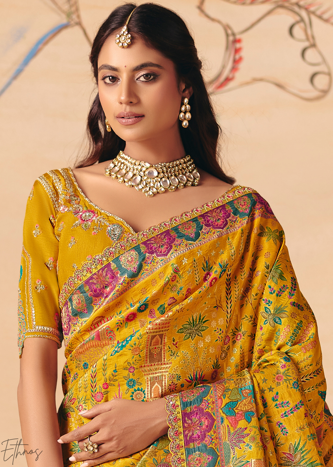 Yellow Mughal Dola Silk Saree