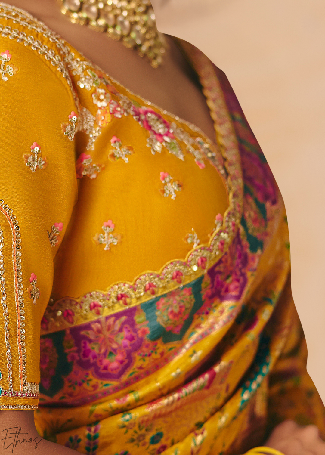 Yellow Mughal Dola Silk Saree