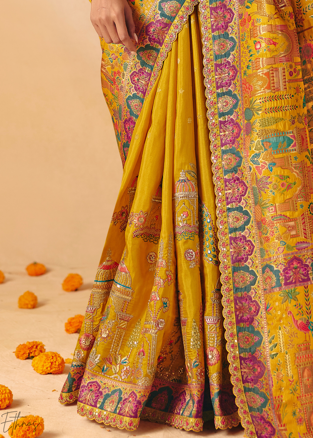Yellow Mughal Dola Silk Saree