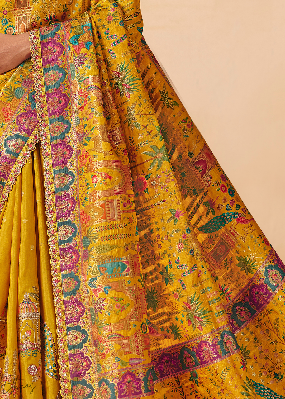 Yellow Mughal Dola Silk Saree