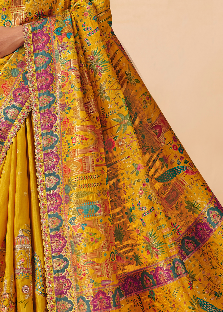 Yellow Mughal Dola Silk Saree