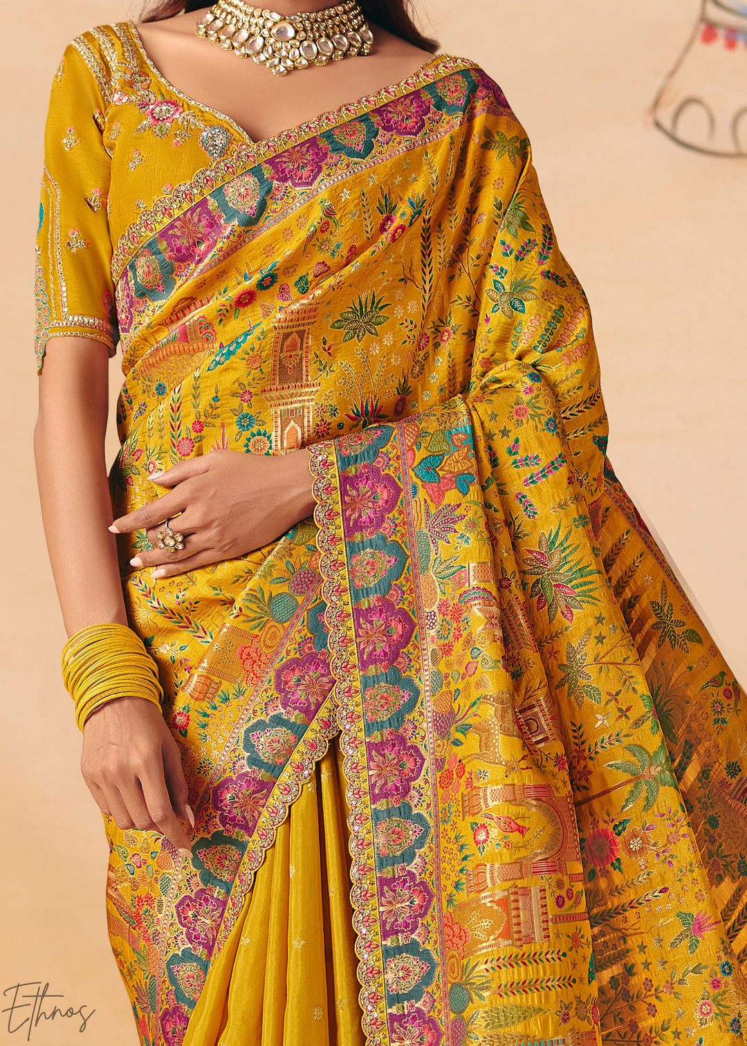 Yellow Mughal Dola Silk Saree