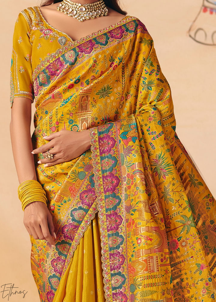 Yellow Mughal Dola Silk Saree