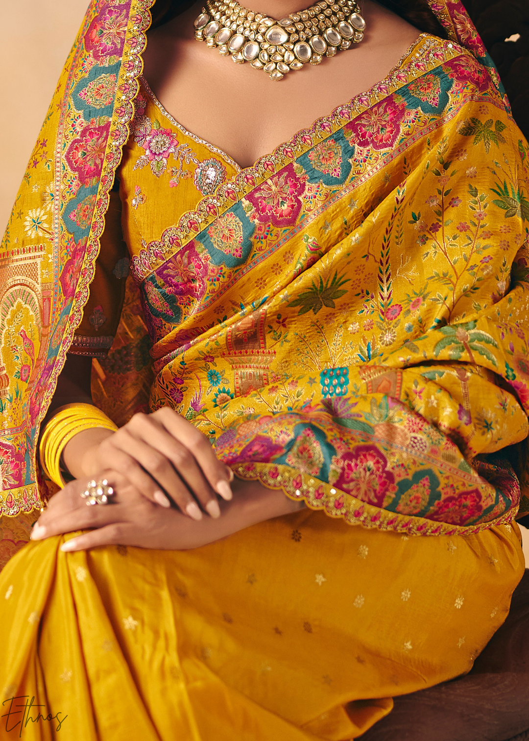 Yellow Mughal Dola Silk Saree