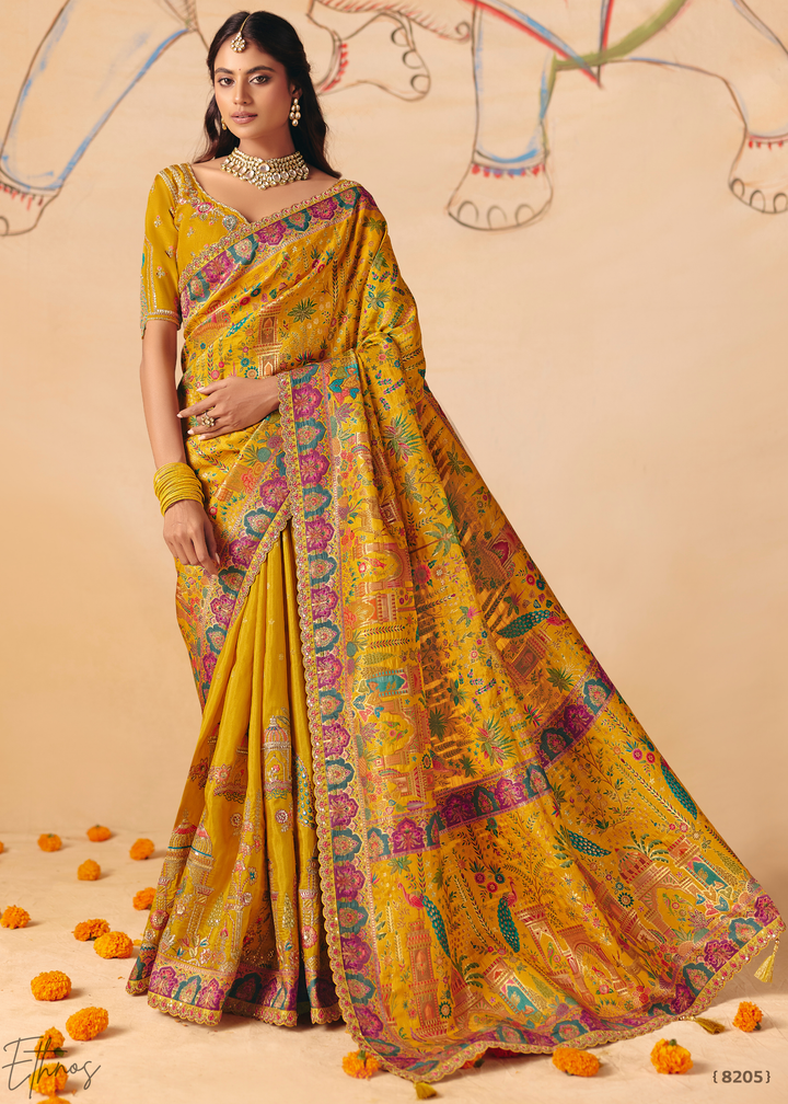 Yellow Mughal Dola Silk Saree