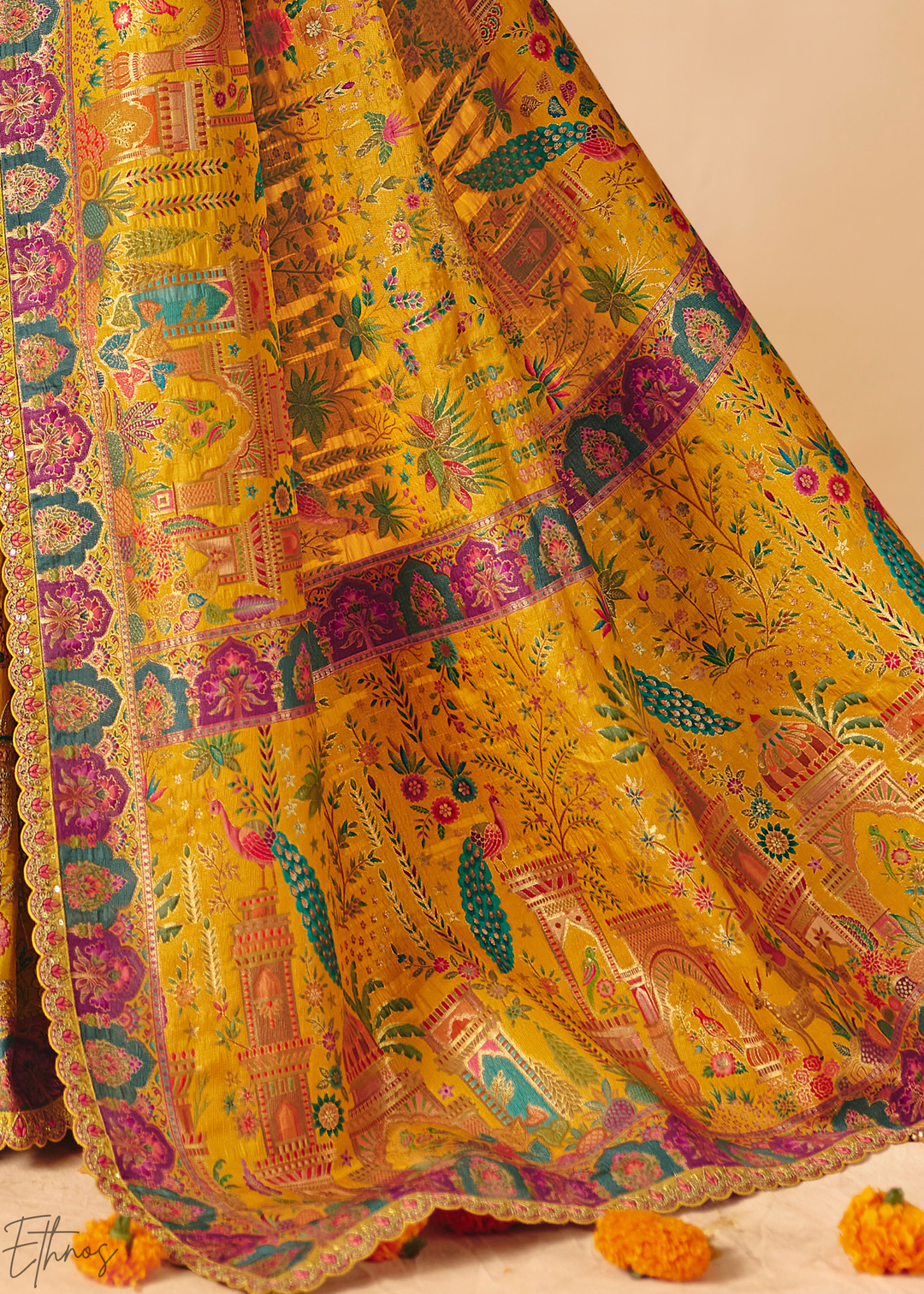 Yellow Mughal Dola Silk Saree