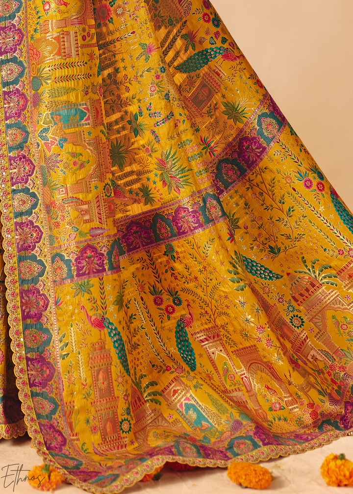 Yellow Mughal Dola Silk Saree