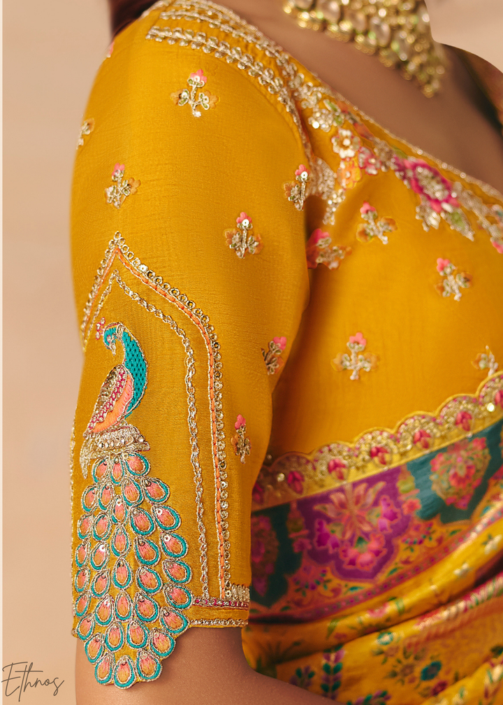Yellow Mughal Dola Silk Saree