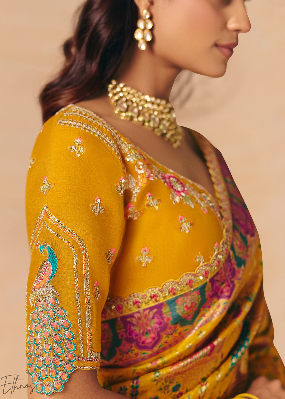 Yellow Mughal Dola Silk Saree