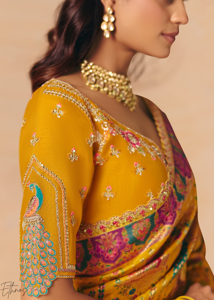 Yellow Mughal Dola Silk Saree