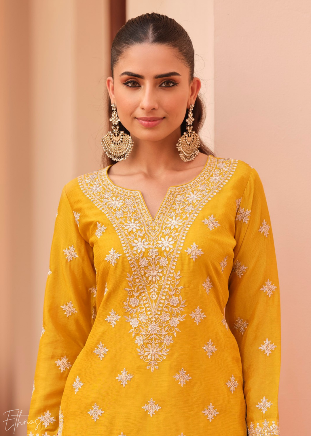 Yellow Multi-colored Chinon Palazzo Suit