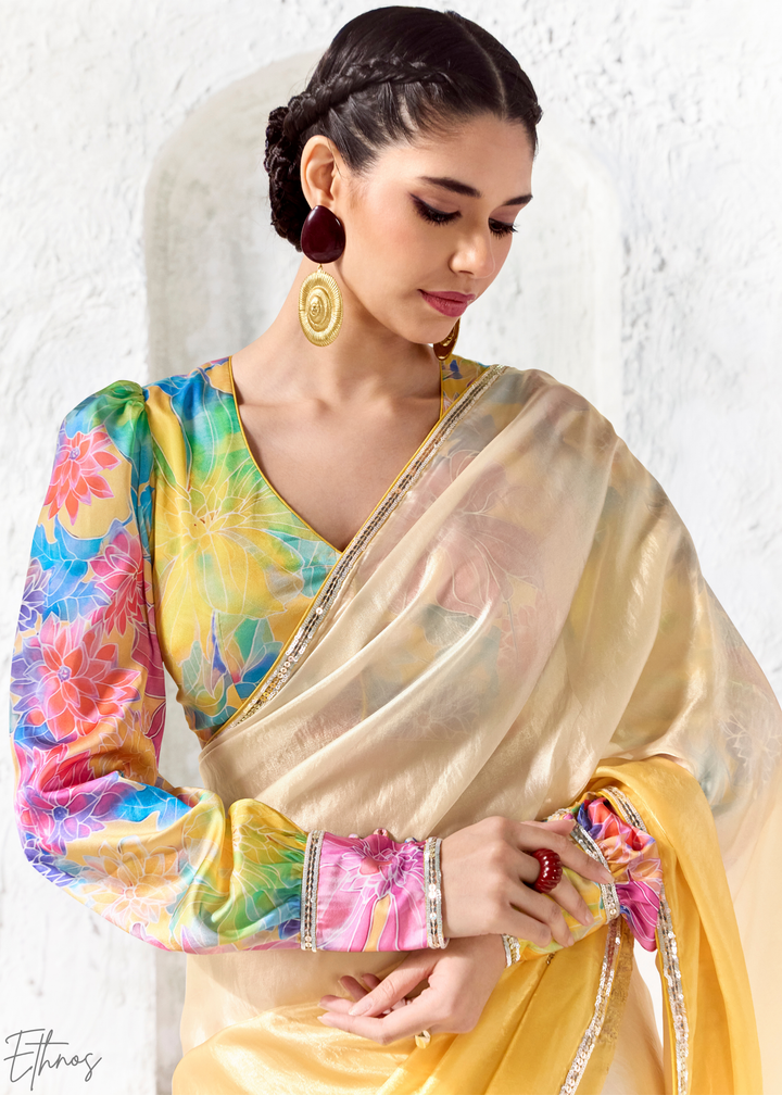 Yellow Ombre Floral Border Organza Silk Saree